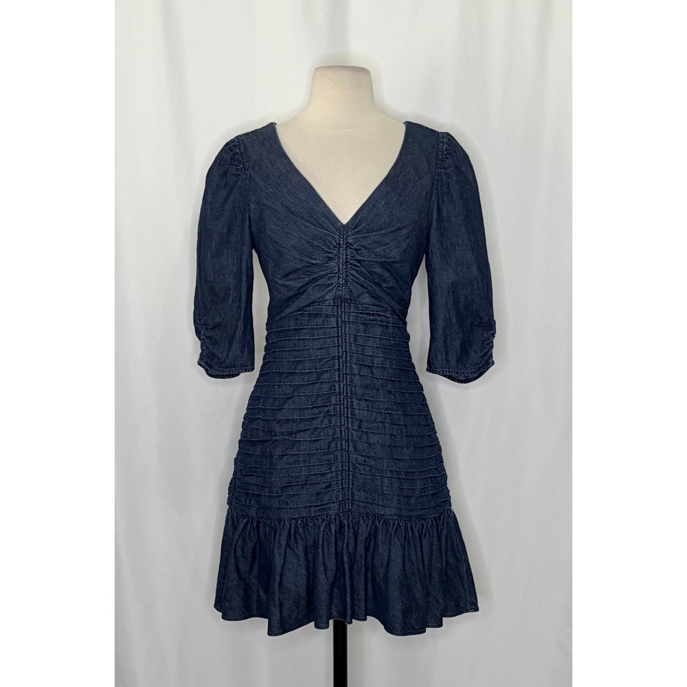 TANYA TAYLOR Pansy Dress Blue Denim Pleated Mini Puffed Sleeves Flirty Size 6 - Picture 3 of 16
